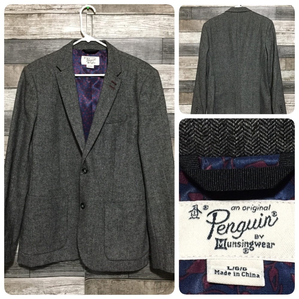 Penguin Herringbone Wool Blend Blazer Men’s L Gray 2 Button